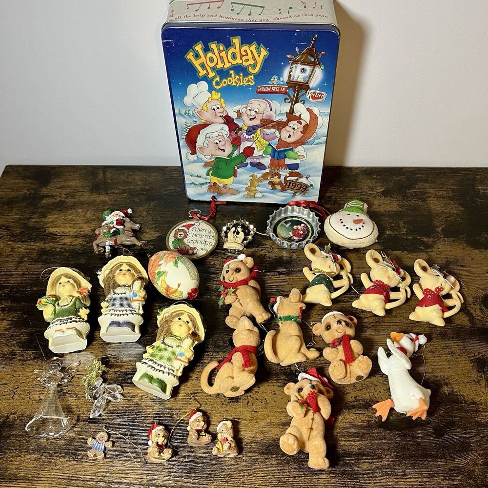 Lot of 24 Vintage Christmas Ornaments 1980s Flocked & Assorted Holiday Decor